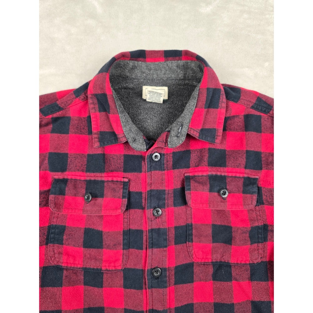 L.L. Bean Fleece Lined Flannel Shirt Boys L 14-16 Red Black Buffalo Plaid Button